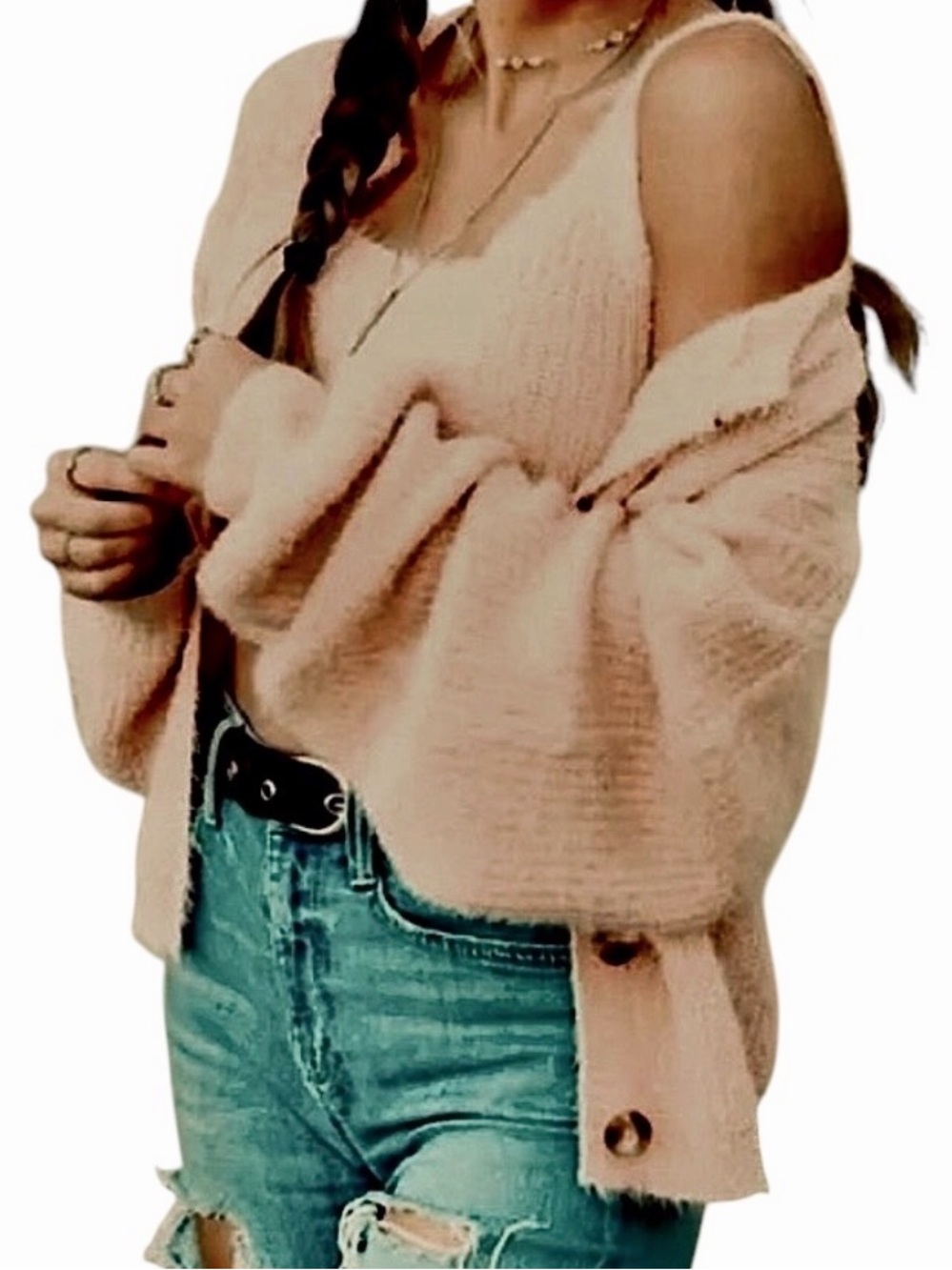Crescent Women’s Blush Pink Fuzzy Knit Button Down Cardigan Sweater Sz S